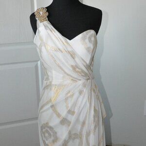 Vintage Cache Women's Dress Gown Maxi White Gold Rhineston Prom size 8